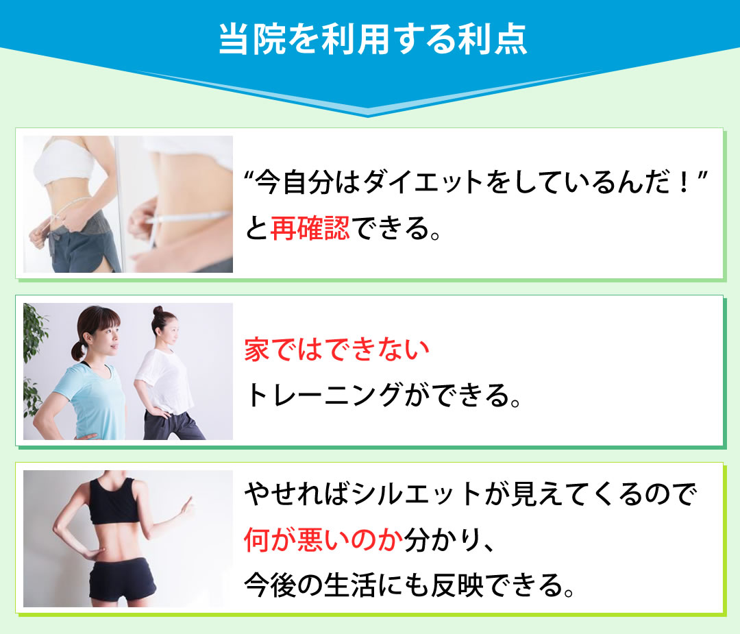 “今自分はダイエットをしているんだ!”と再確認できる。家ではできないトレーニングができる。やせればシルエットが見えてくるので何が悪いのか分かり、今後の生活にも反映できる。